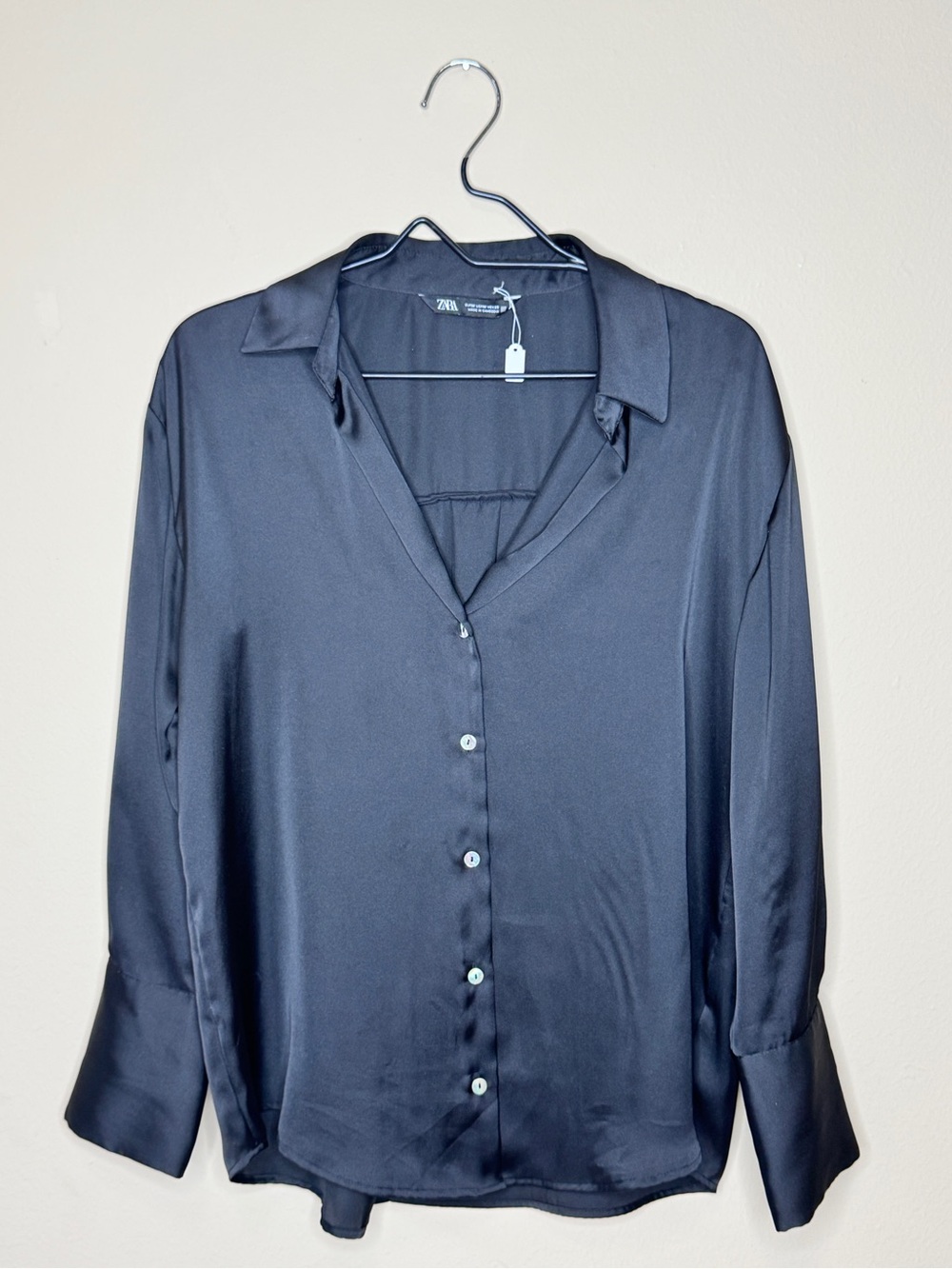 Zara Black Satin-Look Button Blouse